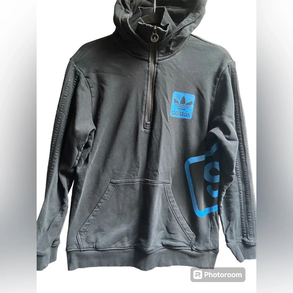 Adidas Trefoil Logo Blue Accent Black 1/4 Zip Pullover Hoodie Sz S